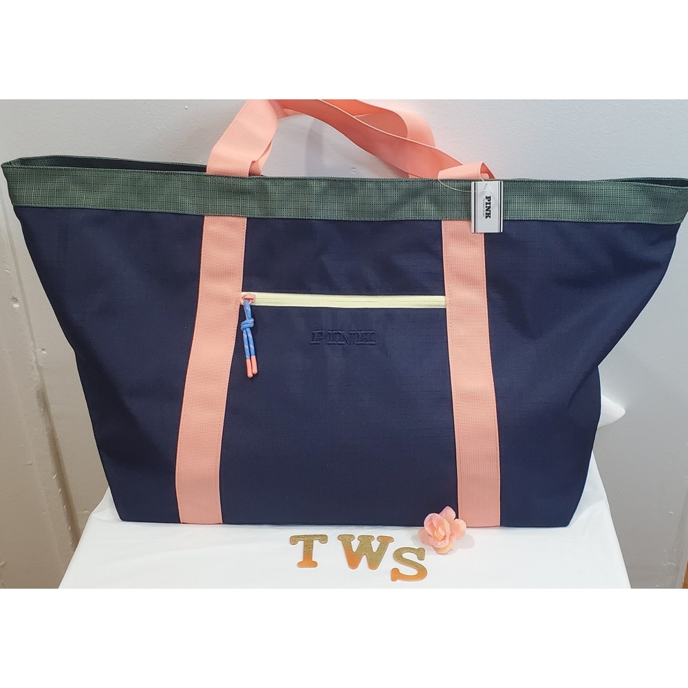 Victoria's Secret PINK Oversized Tote Bag Navy Blue Peach Ripstop Beach Gym New